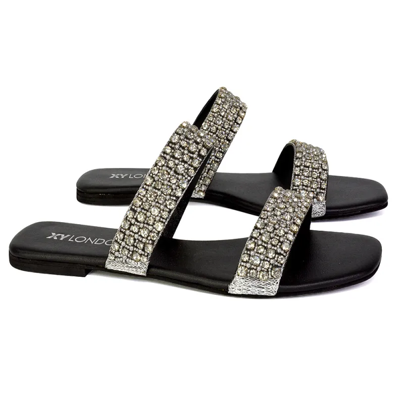 Justina Sparkly Embellished Square Toe Double Strappy Flat Diamante Sandals in Black sold by XYlondon