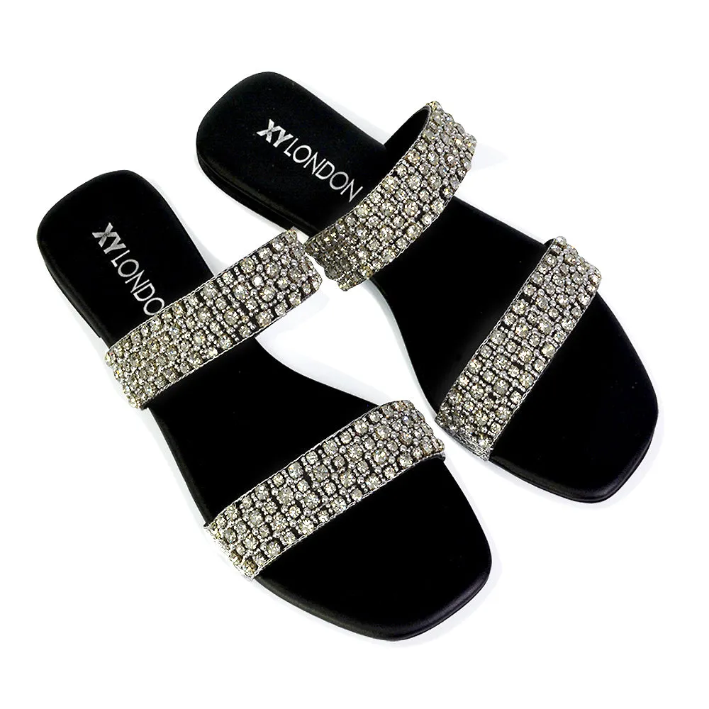 Justina Sparkly Embellished Square Toe Double Strappy Flat Diamante Sandals in Black sold by XYlondon product image thumbnail 4
