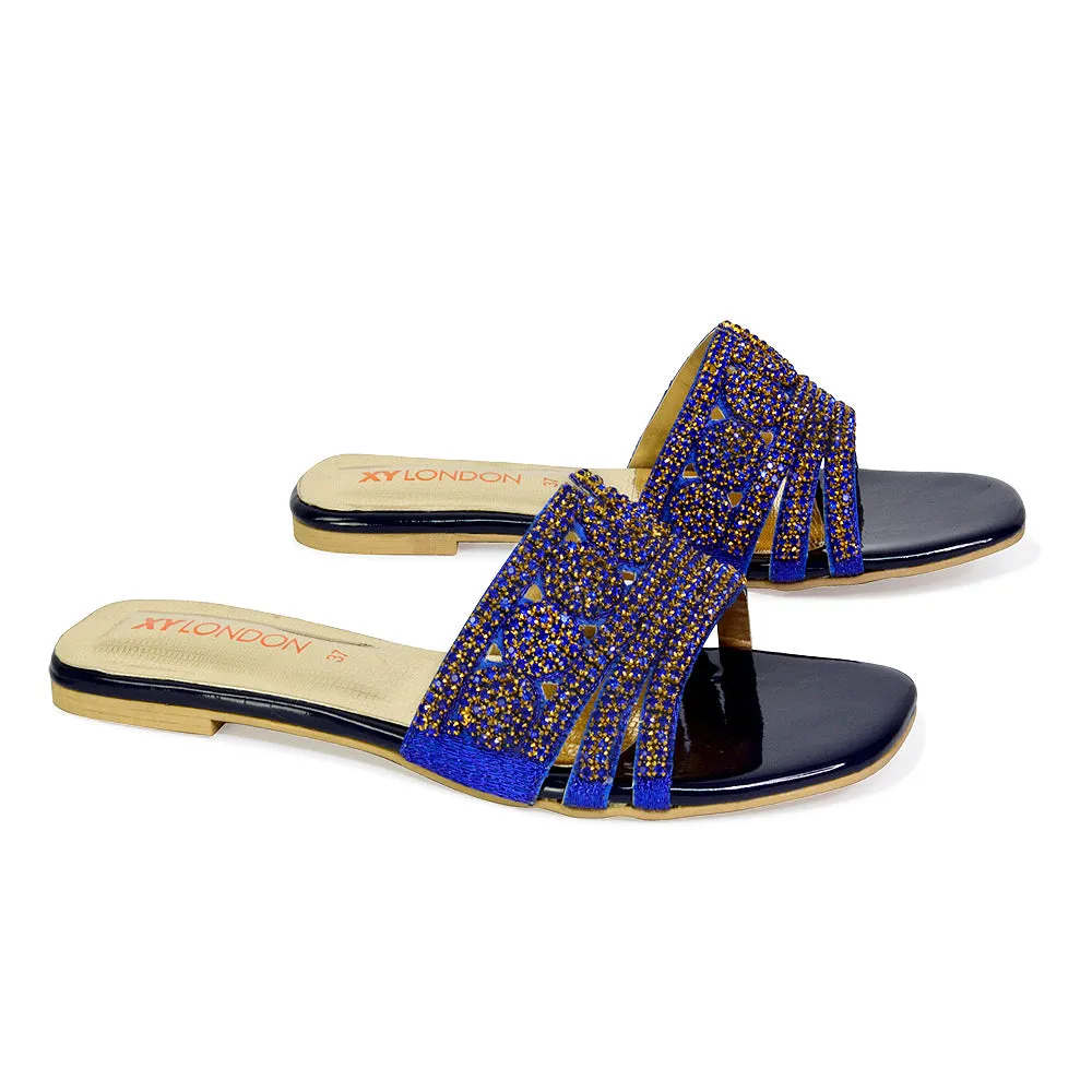 Sam Cut Out Square Toe Sparkly Front Strap Flat Diamante Sandals in Blue sold by XYlondon product image thumbnail 4