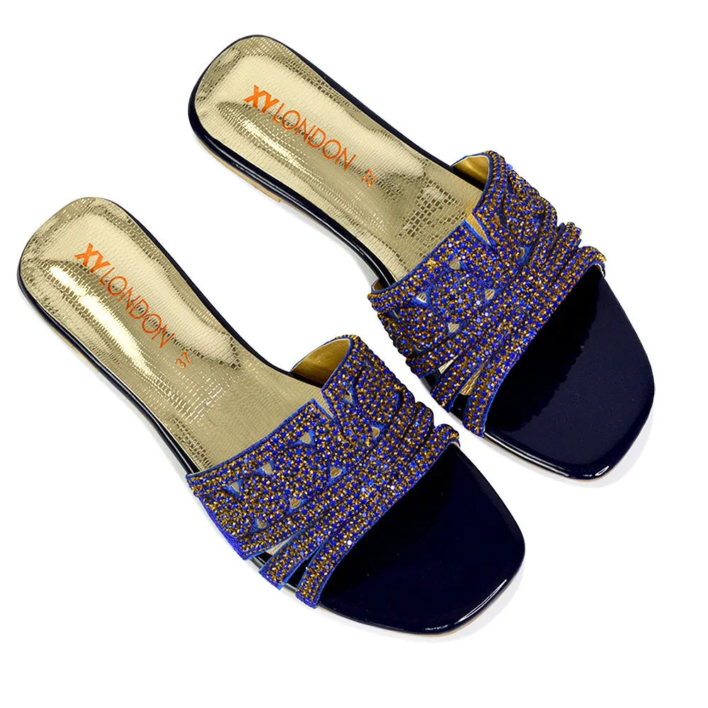 Sam Cut Out Square Toe Sparkly Front Strap Flat Diamante Sandals in Blue sold by XYlondon