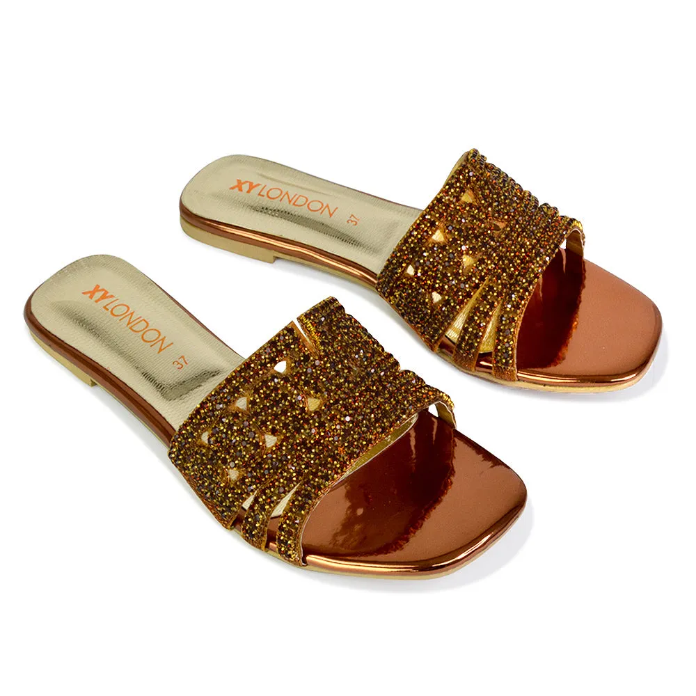 Sam Cut Out Square Toe Sparkly Front Strap Flat Diamante Sandals in Bronze sold by XYlondon product image thumbnail 3