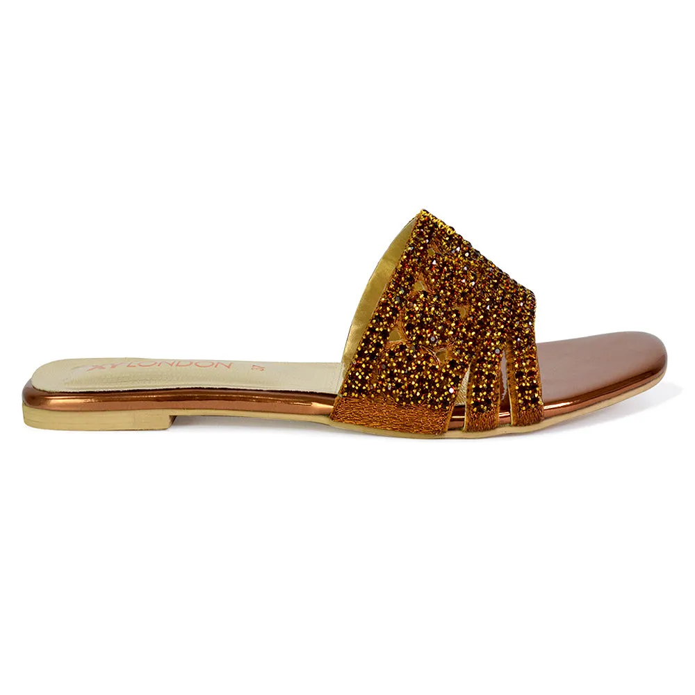 Sam Cut Out Square Toe Sparkly Front Strap Flat Diamante Sandals in Bronze sold by XYlondon product image thumbnail 2