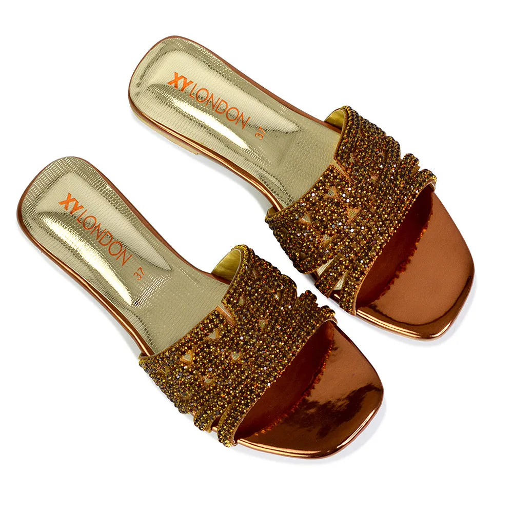 Sam Cut Out Square Toe Sparkly Front Strap Flat Diamante Sandals in Bronze sold by XYlondon product image thumbnail 4