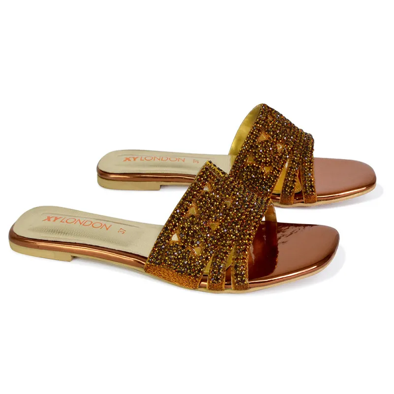 Sam Cut Out Square Toe Sparkly Front Strap Flat Diamante Sandals in Bronze sold by XYlondon