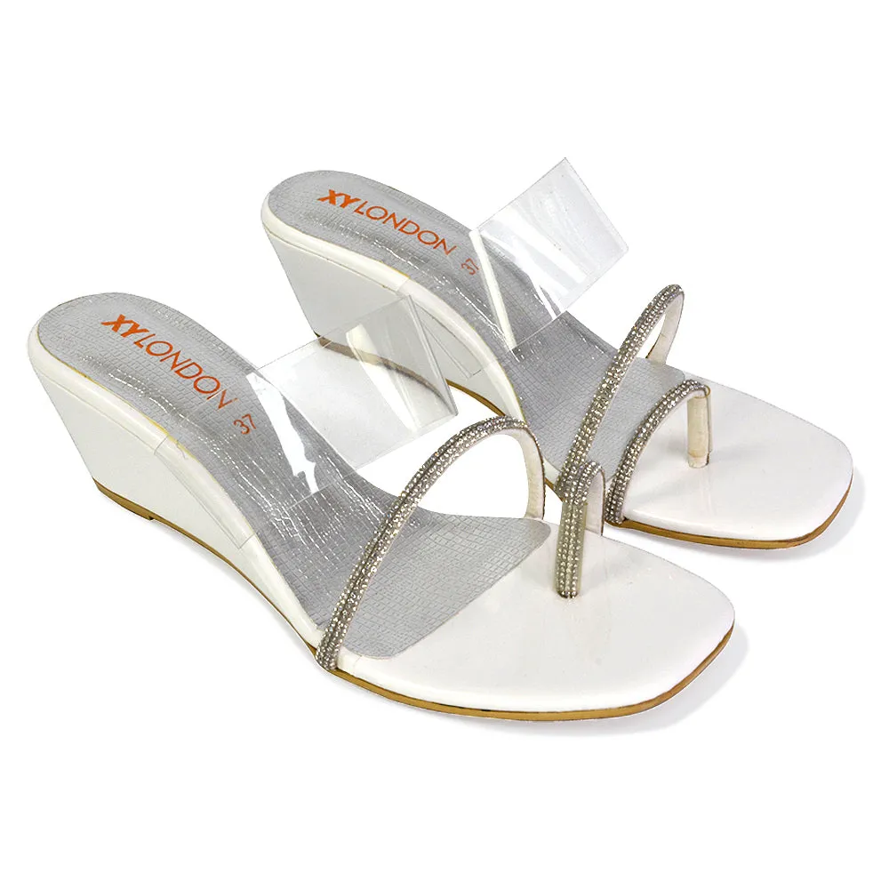 Hayes Perspex Strappy Toe Post Diamante Wedge Heel Sandals in White sold by XYlondon