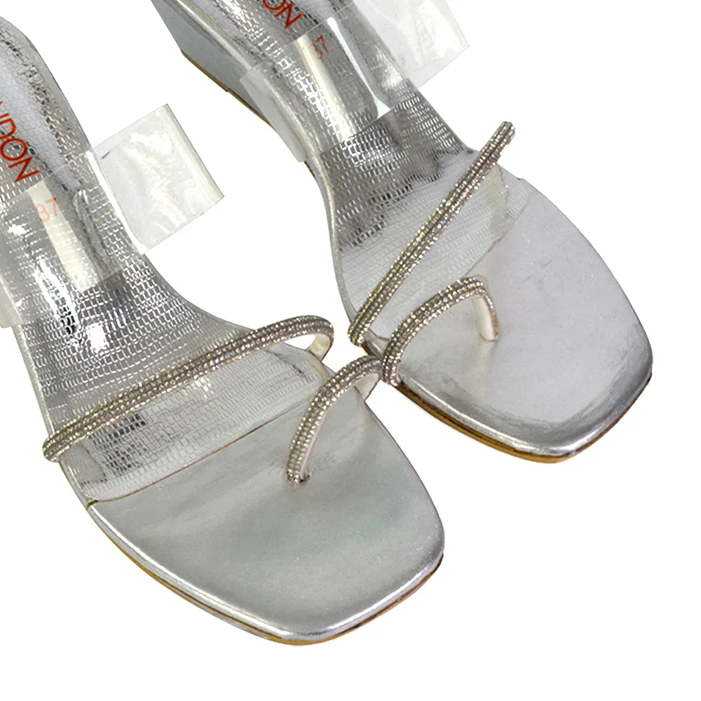 Hayes Perspex Strappy Toe Post Diamante Wedge Heel Sandals in Silver sold by XYlondon product image thumbnail 2