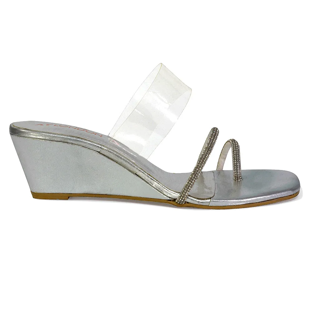 Hayes Perspex Strappy Toe Post Diamante Wedge Heel Sandals in Silver sold by XYlondon product image thumbnail 3