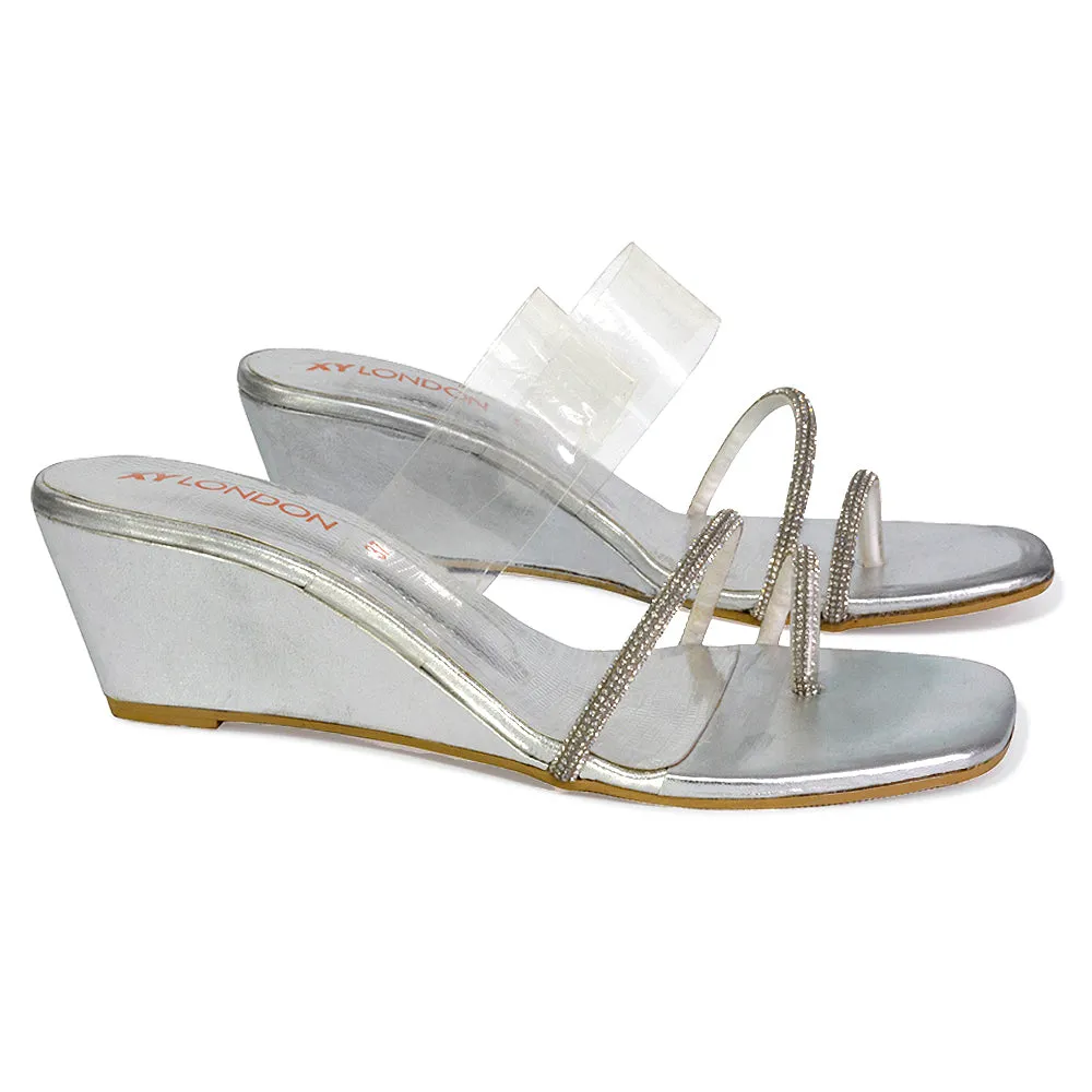 Hayes Perspex Strappy Toe Post Diamante Wedge Heel Sandals in Silver sold by XYlondon product image thumbnail 4