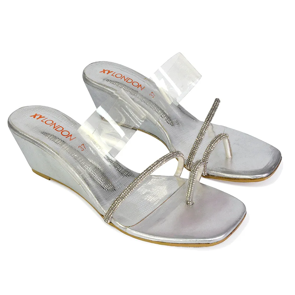 Hayes Perspex Strappy Toe Post Diamante Wedge Heel Sandals in Silver sold by XYlondon