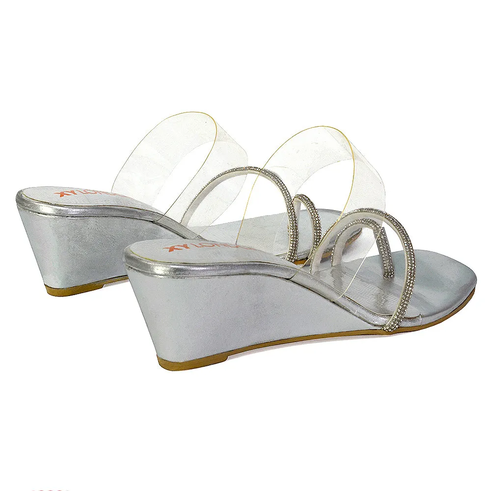 Hayes Perspex Strappy Toe Post Diamante Wedge Heel Sandals in Silver sold by XYlondon product image thumbnail 5