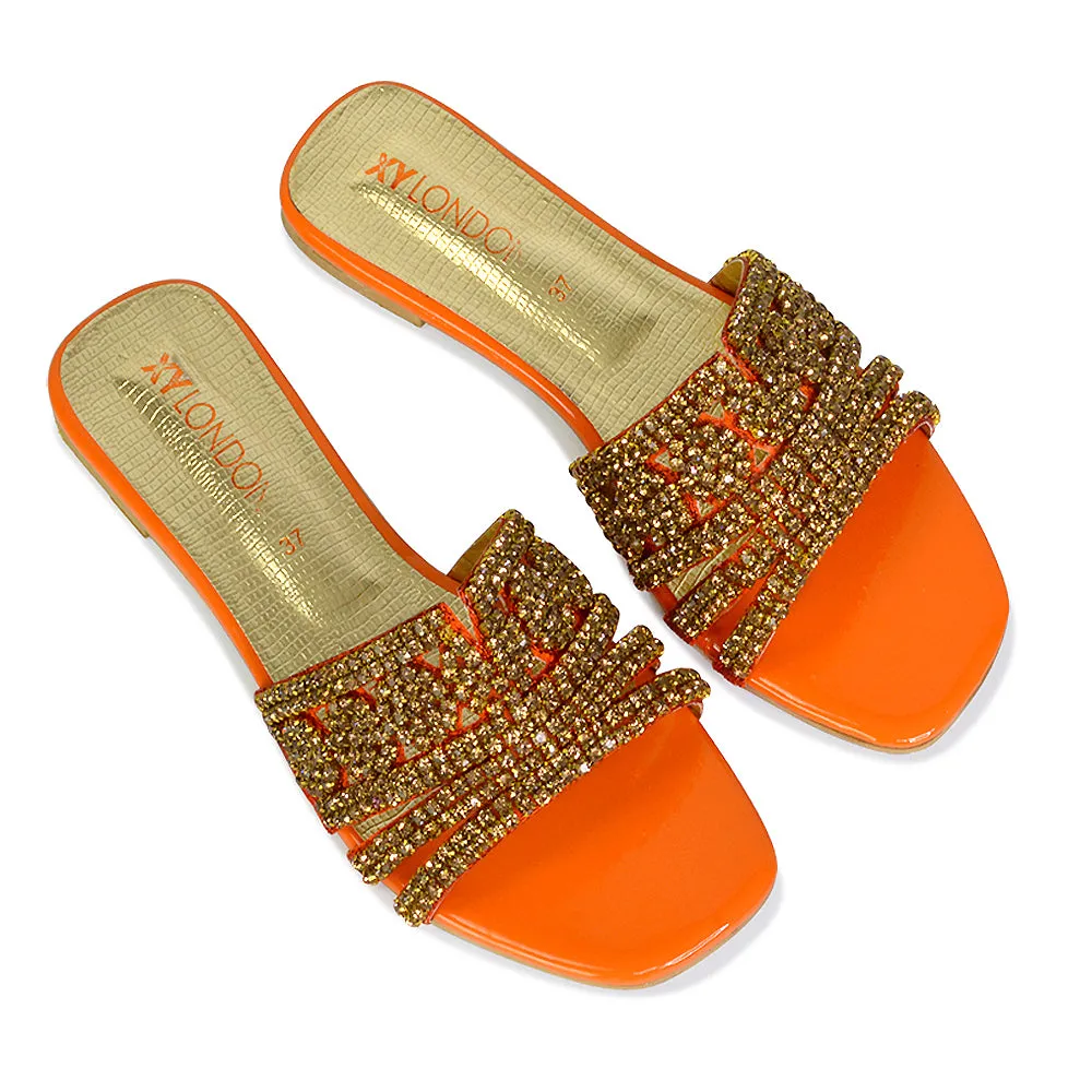Sam Cut Out Square Toe Sparkly Front Strap Flat Diamante Sandals in Orange sold by XYlondon product image thumbnail 3