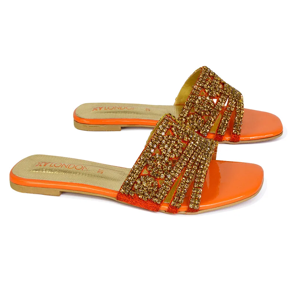 Sam Cut Out Square Toe Sparkly Front Strap Flat Diamante Sandals in Orange sold by XYlondon