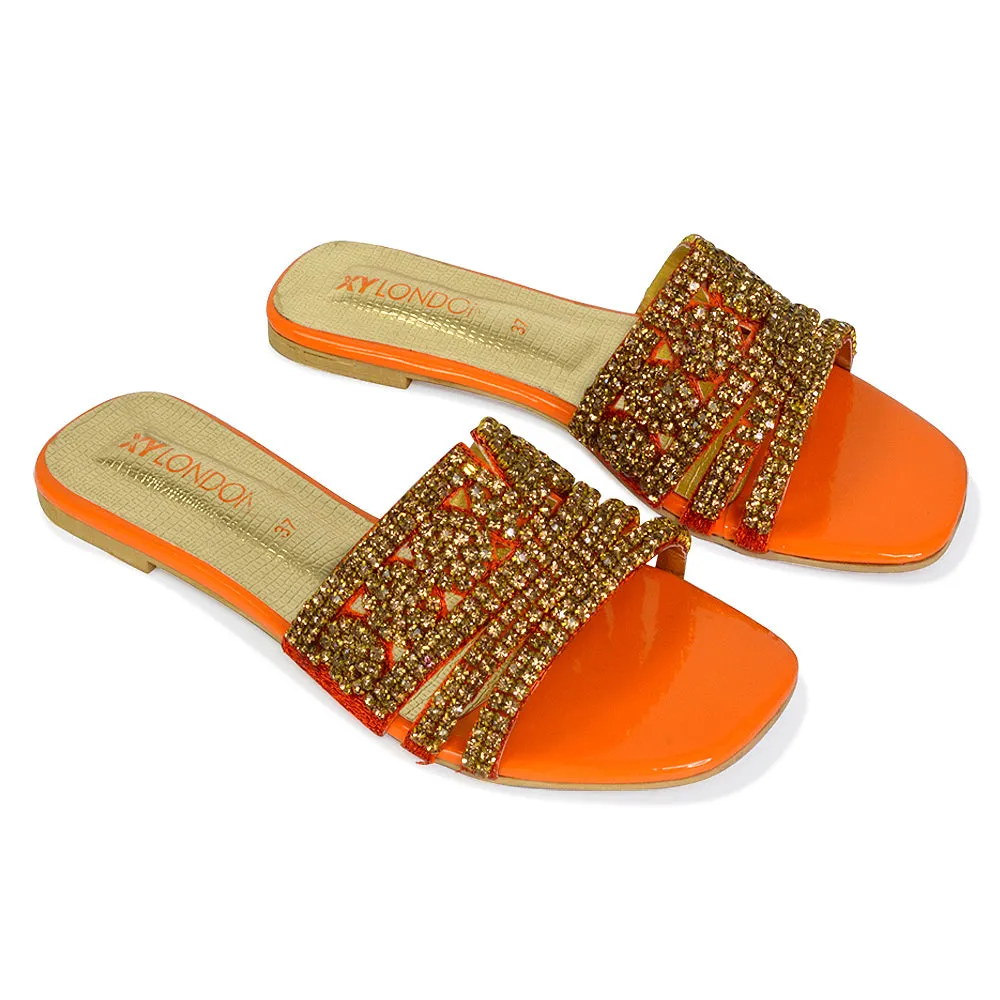 Sam Cut Out Square Toe Sparkly Front Strap Flat Diamante Sandals in Orange sold by XYlondon product image thumbnail 4