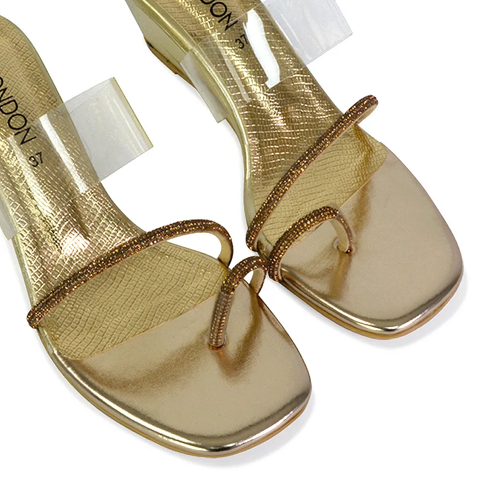 Hayes Perspex Strappy Toe Post Diamante Wedge Heel Sandals in Gold sold by XYlondon product image thumbnail 2