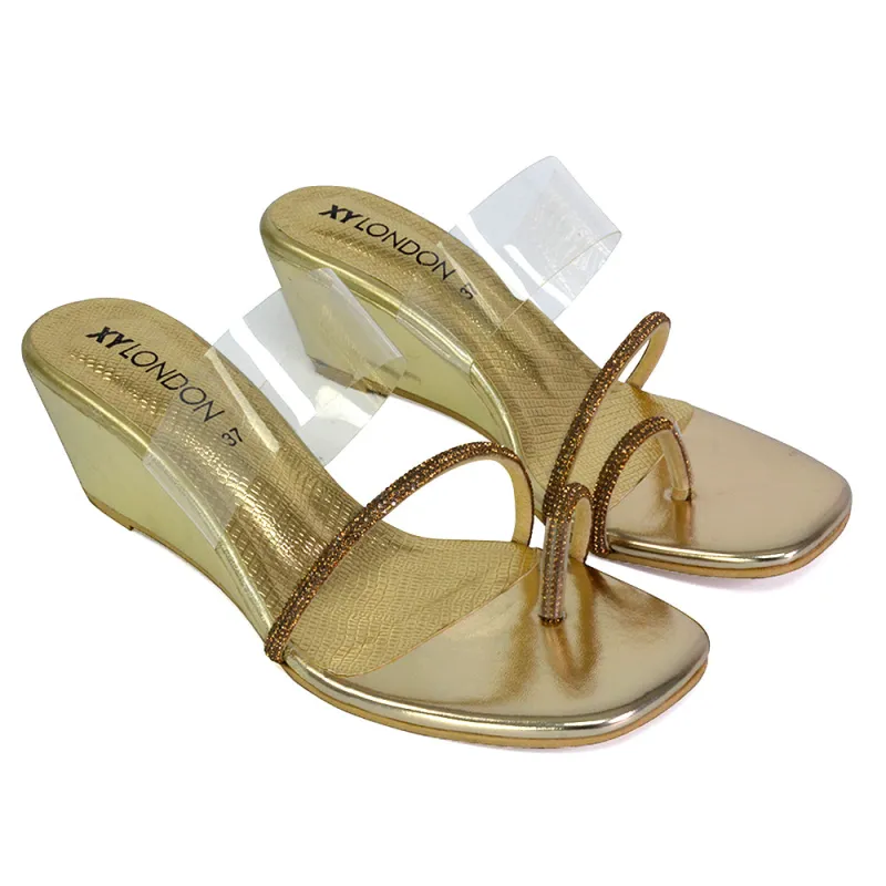 Hayes Perspex Strappy Toe Post Diamante Wedge Heel Sandals in Gold sold by XYlondon