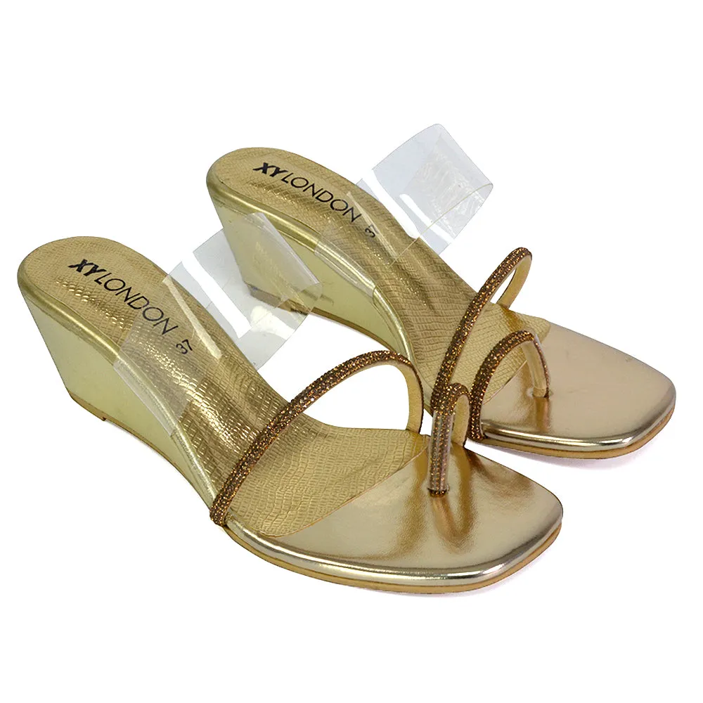 Hayes Perspex Strappy Toe Post Diamante Wedge Heel Sandals in Gold sold by XYlondon
