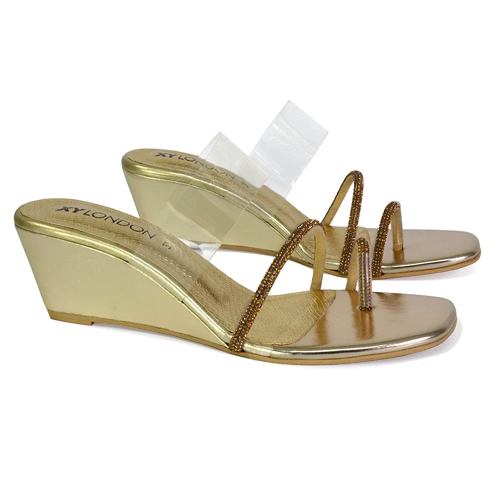 Hayes Perspex Strappy Toe Post Diamante Wedge Heel Sandals in Gold sold by XYlondon product image thumbnail 4