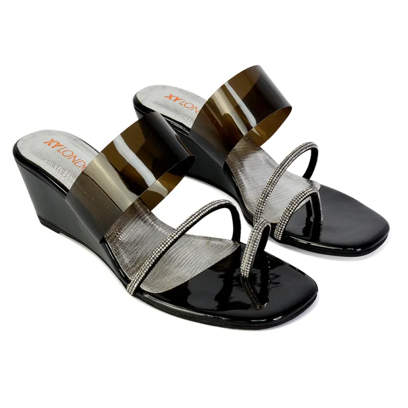 Hayes Perspex Strappy Toe Post Diamante Wedge Heel Sandals in Black sold by XYlondon