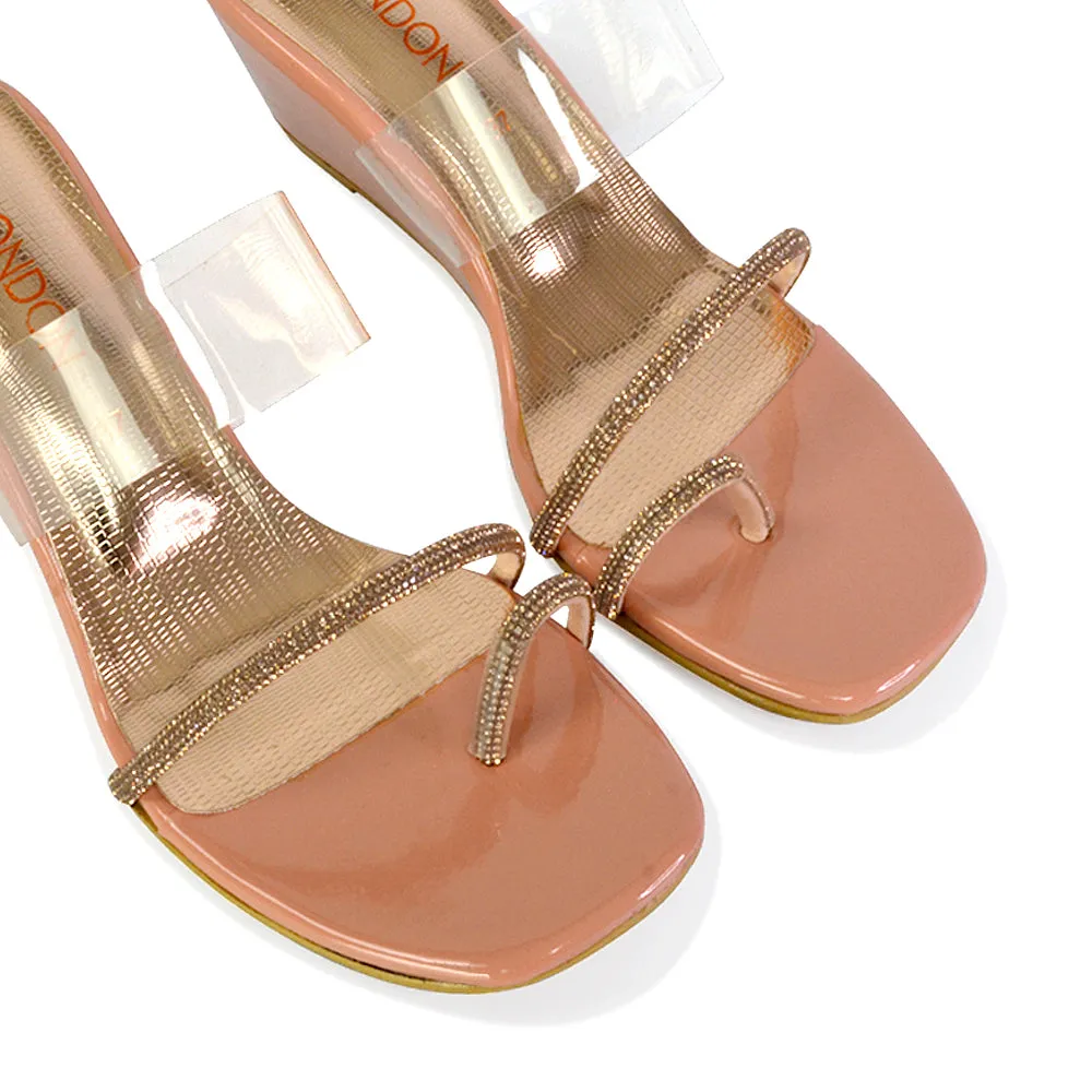 Hayes Perspex Strappy Toe Post Diamante Wedge Heel Sandals in Beige sold by XYlondon product image thumbnail 2