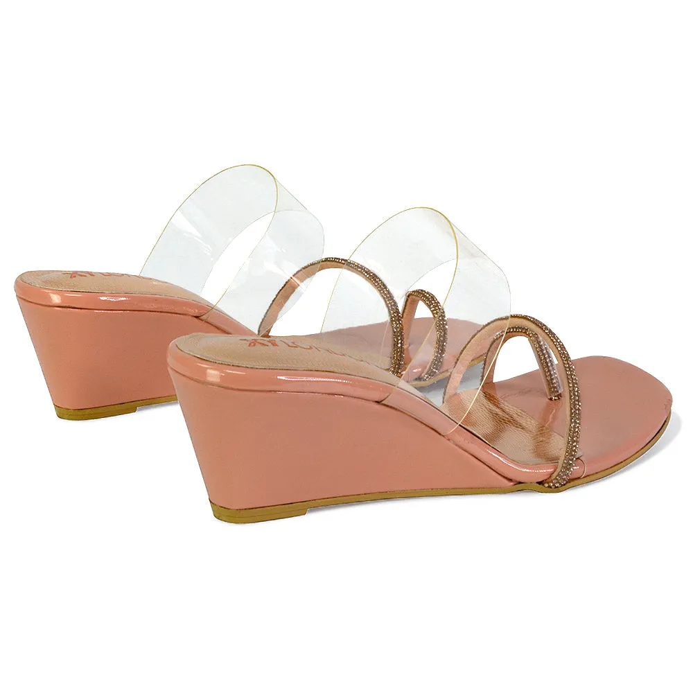 Hayes Perspex Strappy Toe Post Diamante Wedge Heel Sandals in Beige sold by XYlondon product image thumbnail 5