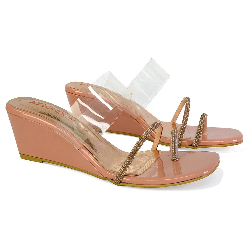 Hayes Perspex Strappy Toe Post Diamante Wedge Heel Sandals in Beige sold by XYlondon product image thumbnail 4