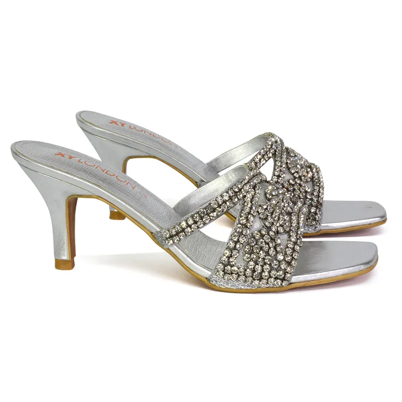 Dominica Diamante Low Kitten High Heel Stiletto Heeled Mule Sandals in Silver sold by XYlondon