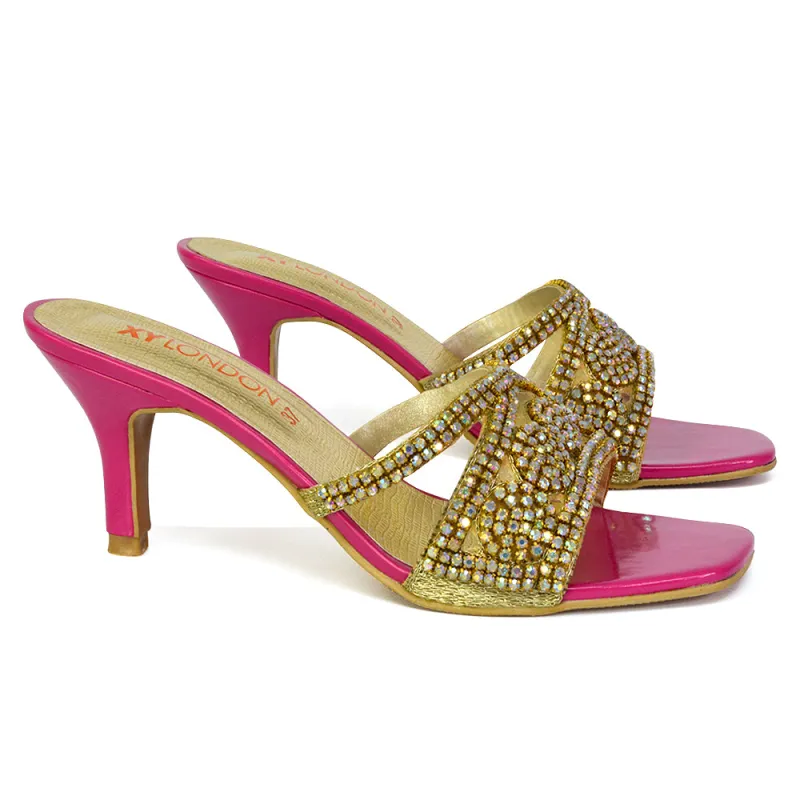 Dominica Diamante Low Kitten High Heel Stiletto Heeled Mule Sandals in Multi sold by XYlondon