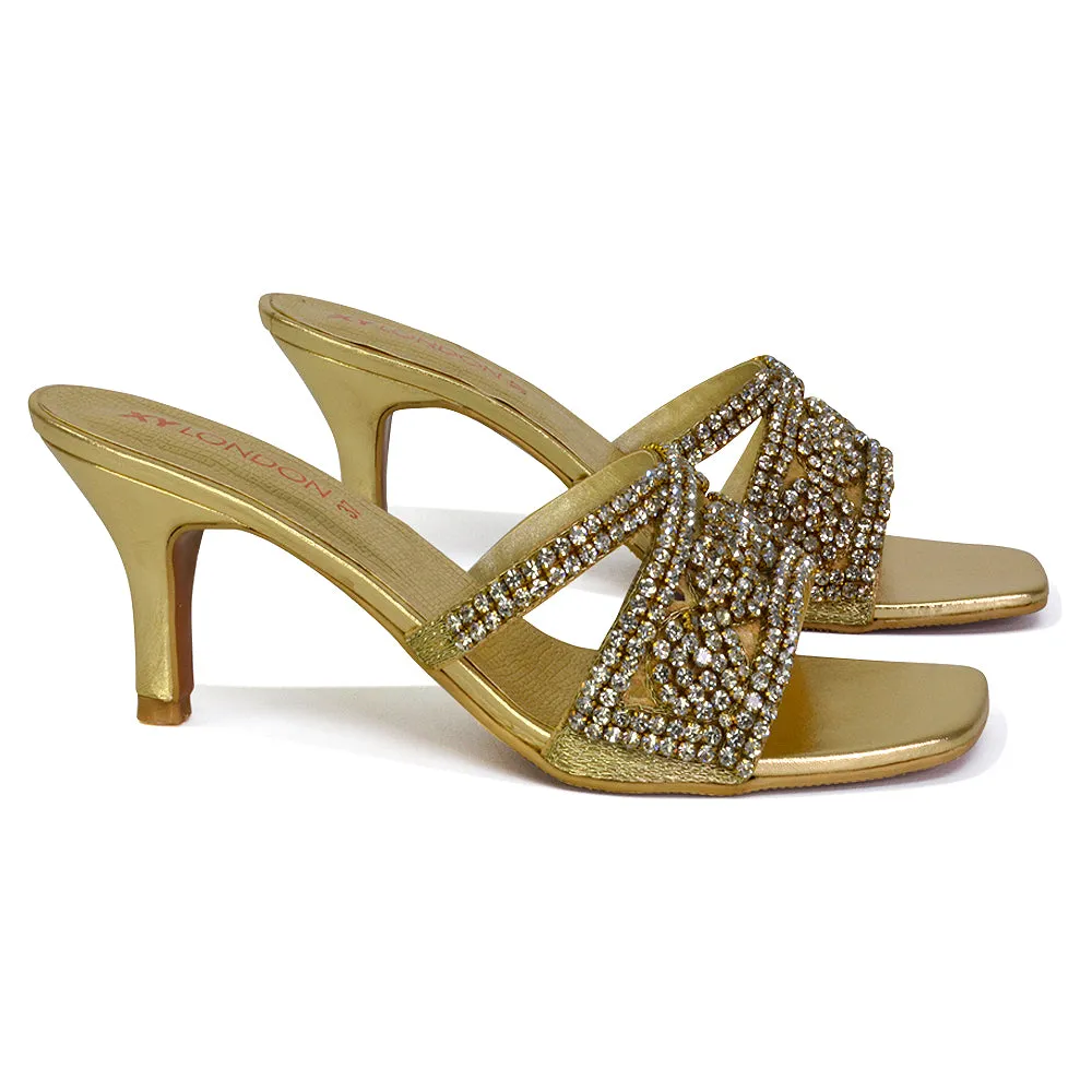 Dominica Diamante Low Kitten High Heel Stiletto Heeled Mule Sandals in Gold sold by XYlondon