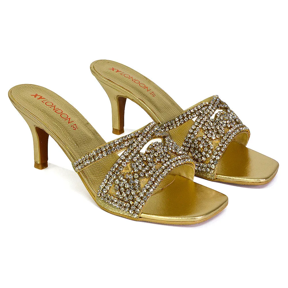Dominica Diamante Low Kitten High Heel Stiletto Heeled Mule Sandals in Gold sold by XYlondon product image thumbnail 4
