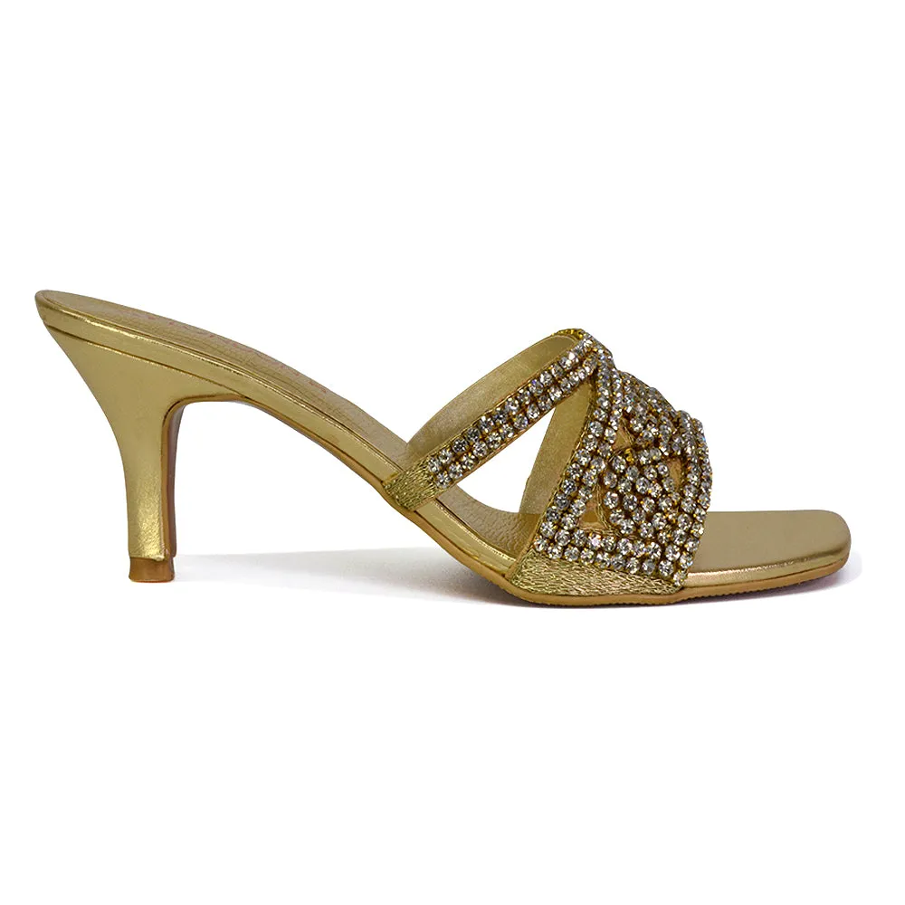Dominica Diamante Low Kitten High Heel Stiletto Heeled Mule Sandals in Gold sold by XYlondon product image thumbnail 3