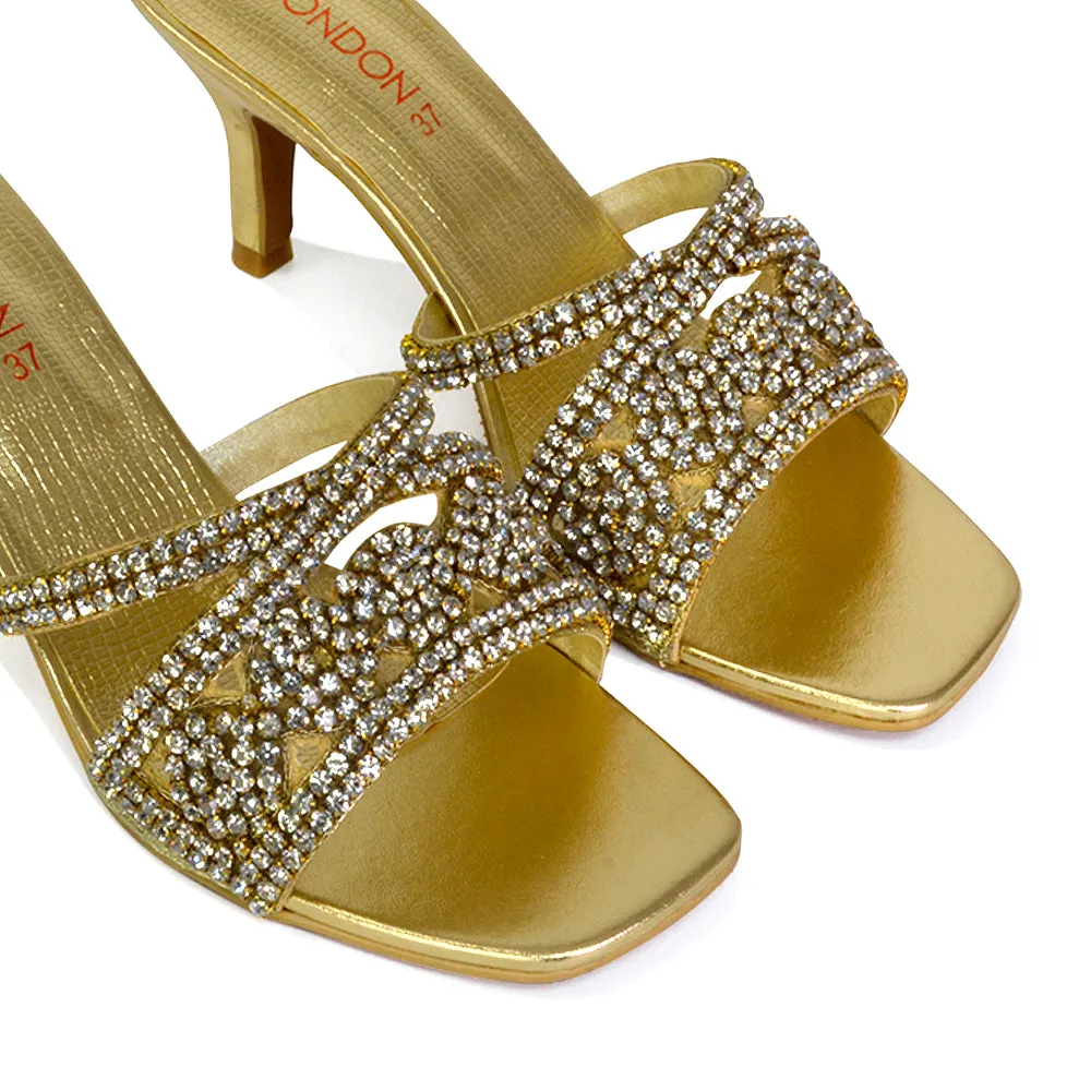 Dominica Diamante Low Kitten High Heel Stiletto Heeled Mule Sandals in Gold sold by XYlondon product image thumbnail 2
