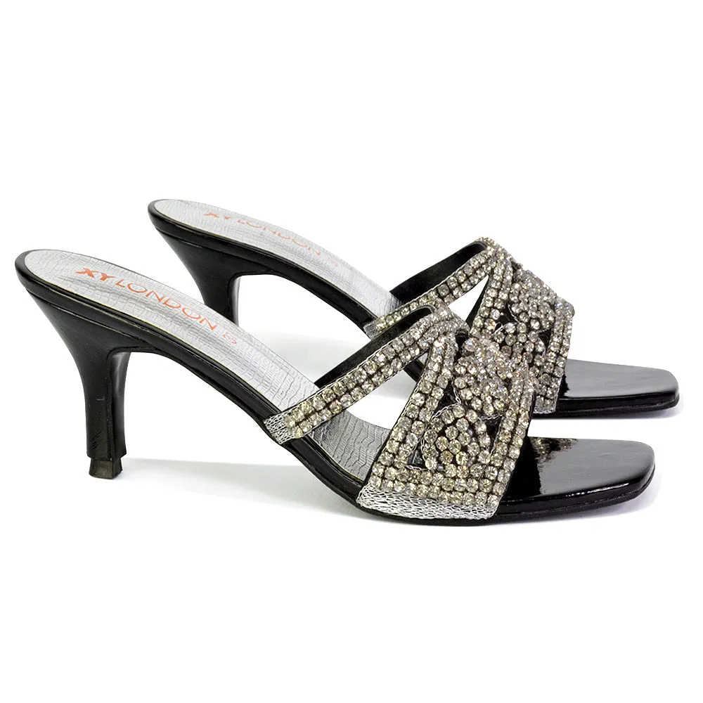 Dominica Diamante Low Kitten High Heel Stiletto Heeled Mule Sandals in Black sold by XYlondon