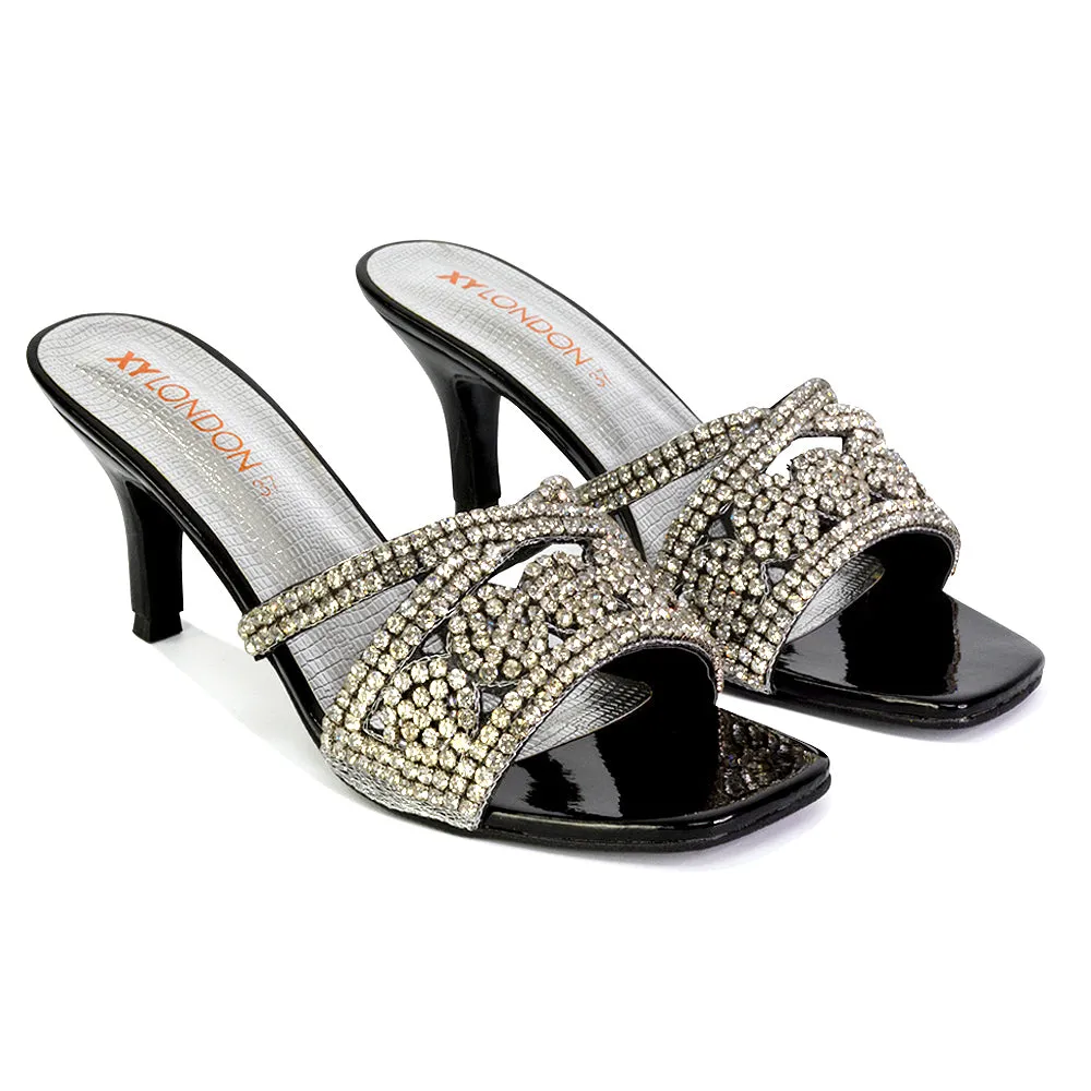 Dominica Diamante Low Kitten High Heel Stiletto Heeled Mule Sandals in Black sold by XYlondon product image thumbnail 4