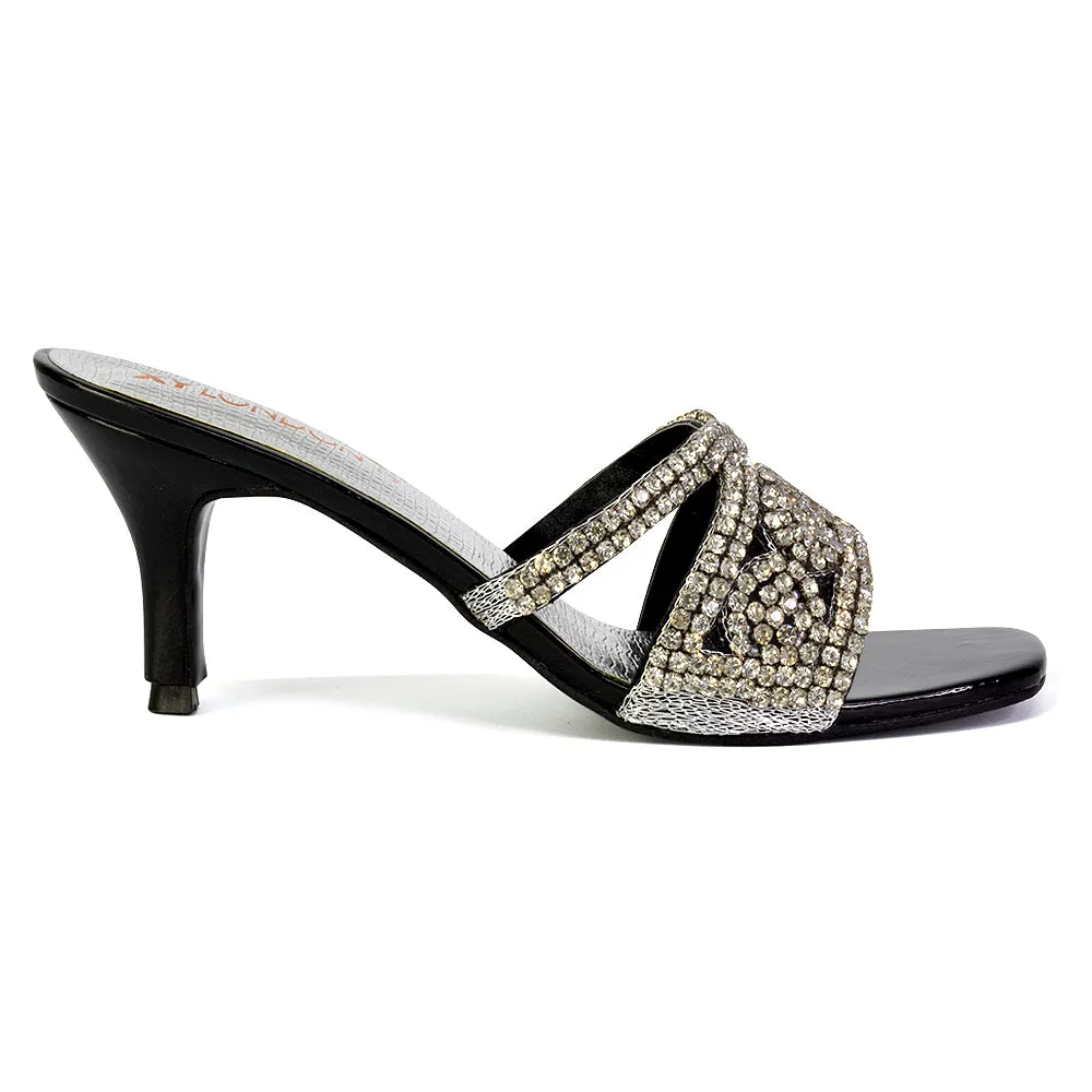 Dominica Diamante Low Kitten High Heel Stiletto Heeled Mule Sandals in Black sold by XYlondon product image thumbnail 3