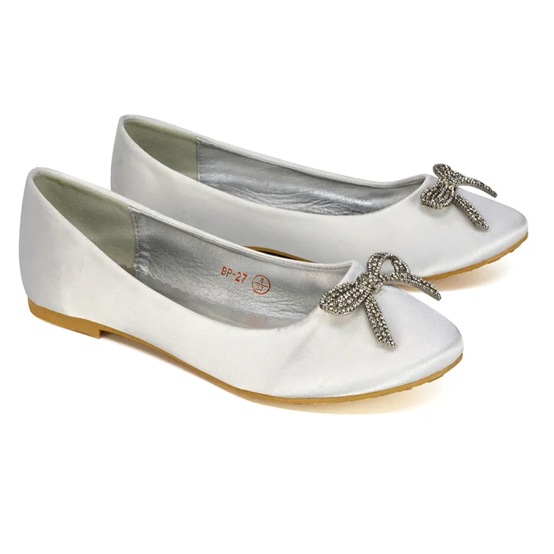 Rory Diamante Bow Flat Slip-on Wedding Bridal Pump Ballerina Shoes in White Satin sold by XYlondon