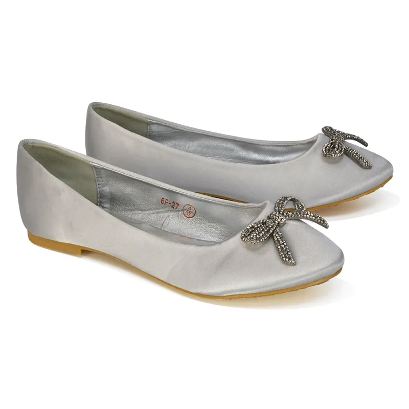 Rory Diamante Bow Flat Slip-on Wedding Bridal Pump Ballerina Shoes in Silver Satin sold by XYlondon
