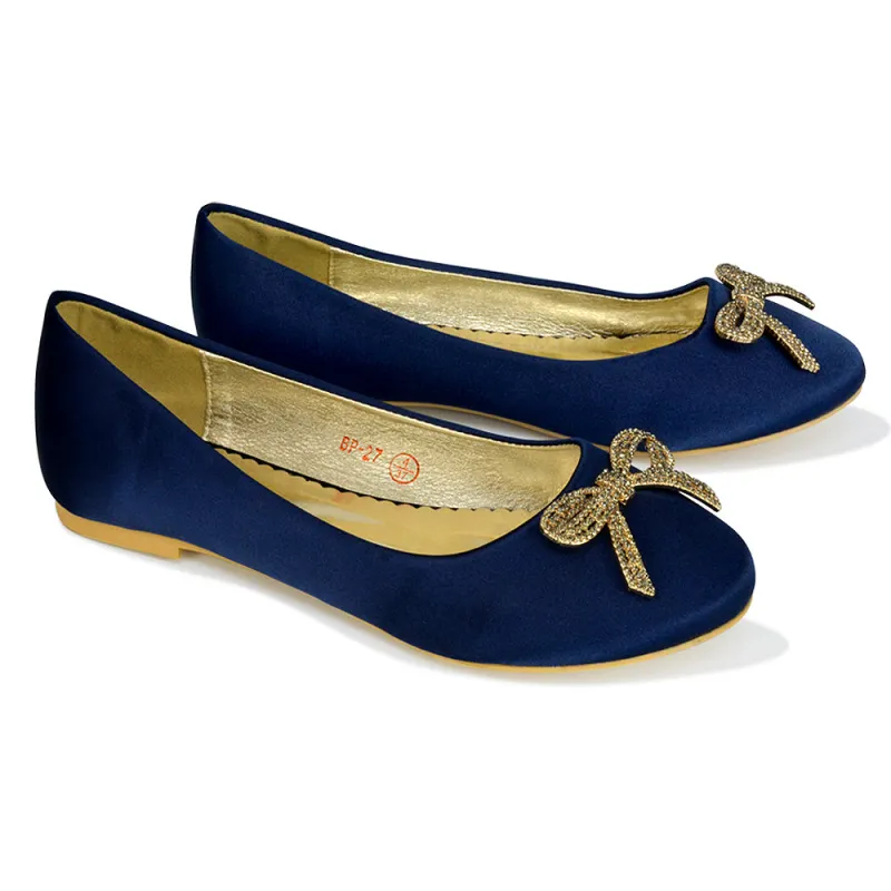Rory Diamante Bow Flat Slip-on Wedding Bridal Pump Ballerina Shoes in Navy Satin sold by XYlondon