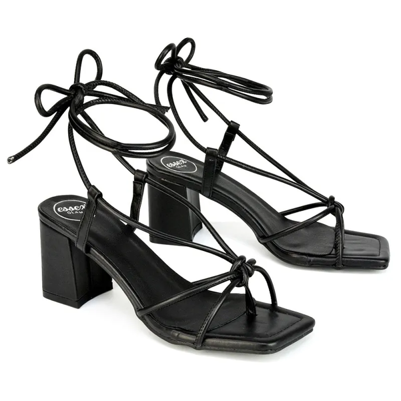 Mackenzie Square Toe Post Lace up Mid Block High Heel Sandals in Black sold by XYlondon