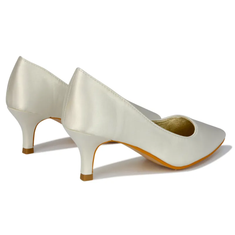 Gwyneth Womens Pointed Toe Stiletto Low Kitten Court Heel Pumps in Ivory Satin sold by XYlondon