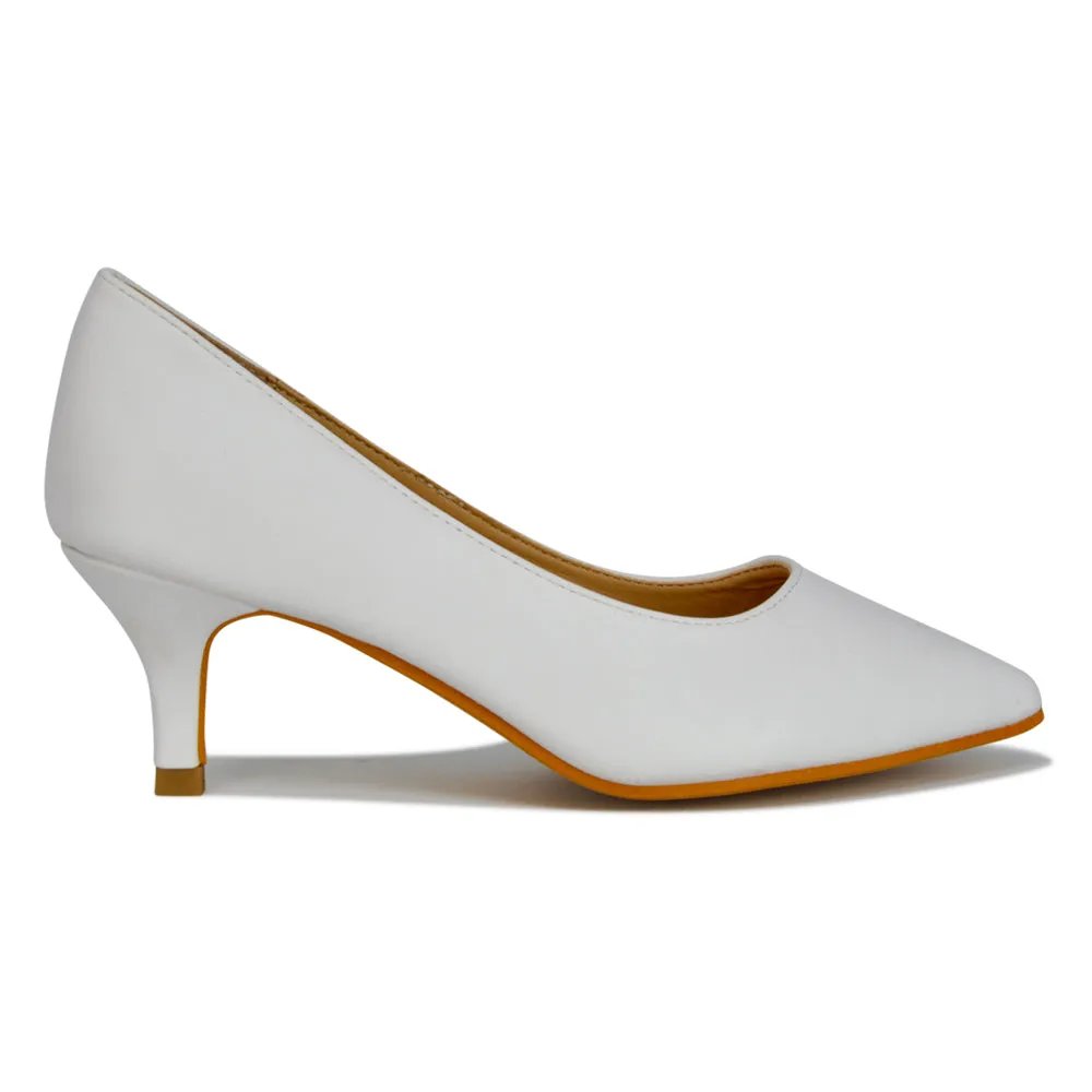 Gwyneth Pointed Toe Stiletto Low Kitten Court Heel Pumps in White Synthetic Leather sold by XYlondon product image thumbnail 2