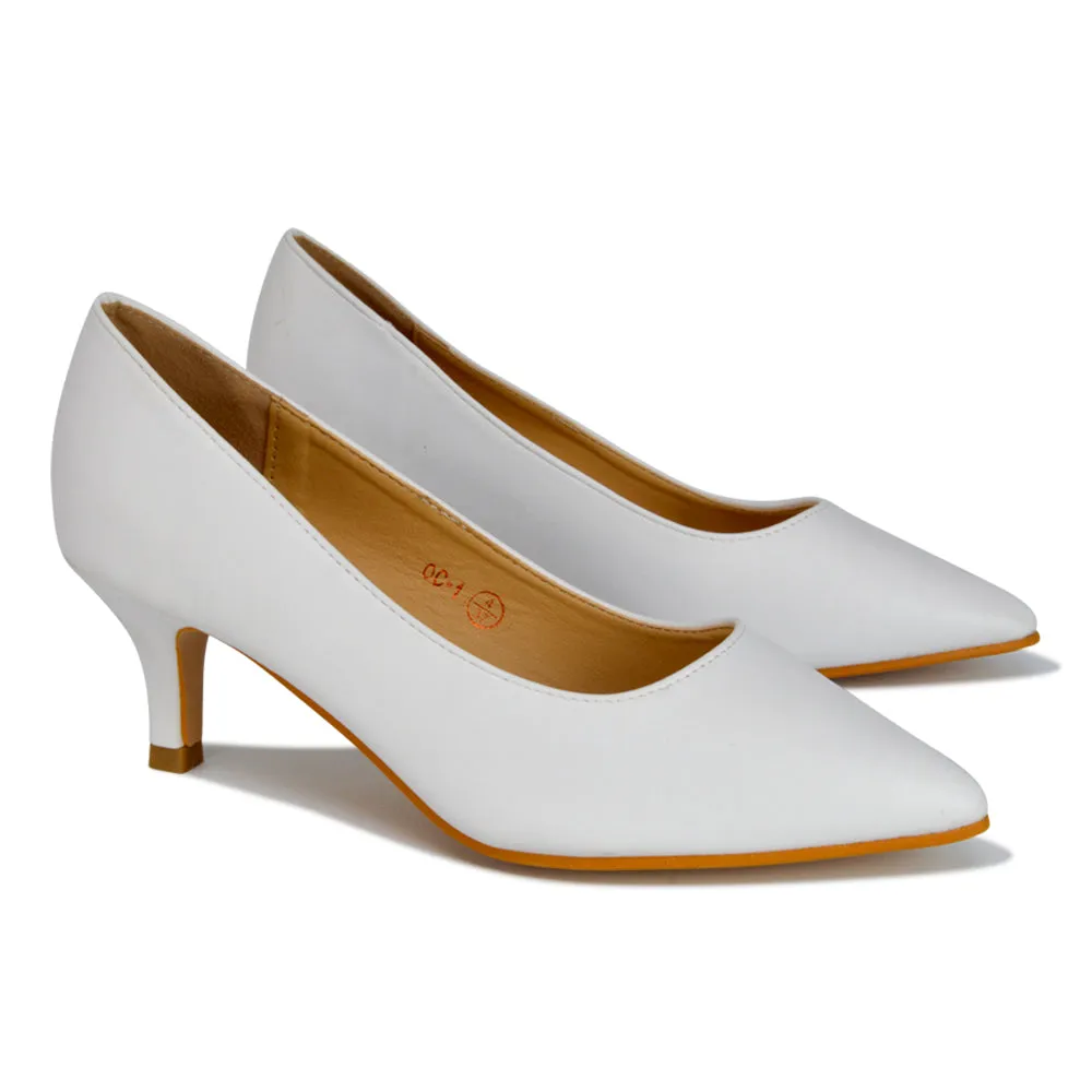 Gwyneth Pointed Toe Stiletto Low Kitten Court Heel Pumps in White Synthetic Leather sold by XYlondon product image thumbnail 3