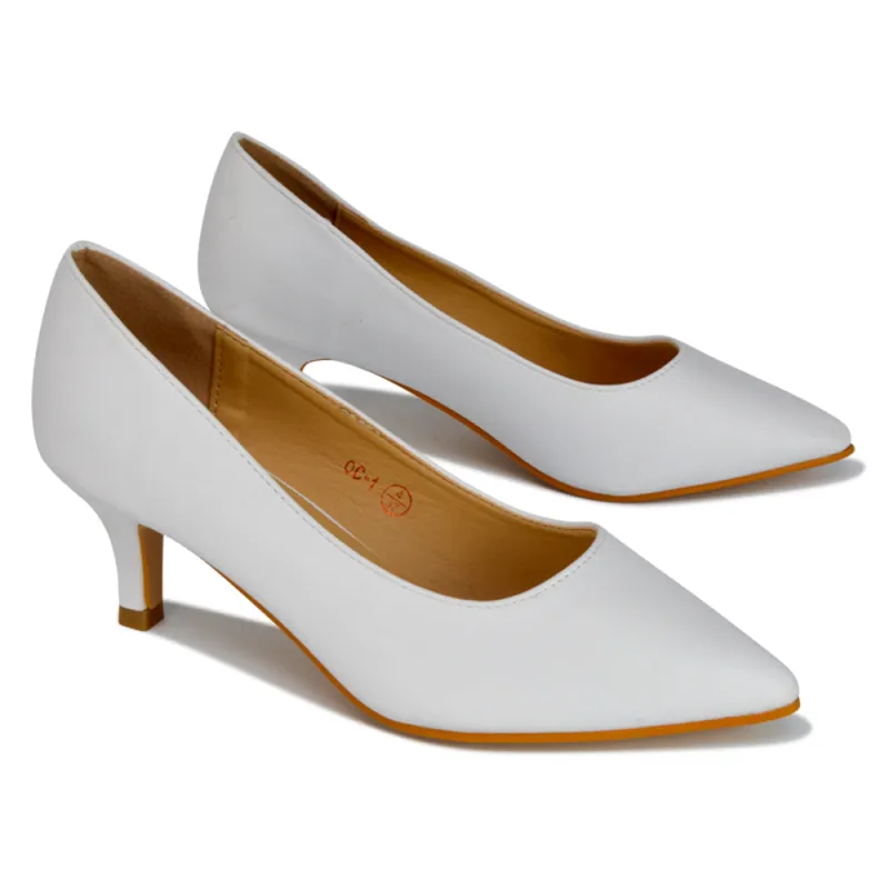 Gwyneth Pointed Toe Stiletto Low Kitten Court Heel Pumps in White Synthetic Leather sold by XYlondon