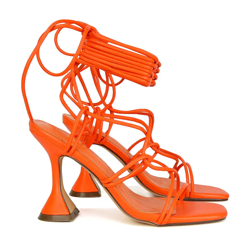 Briar Lace up Square Toe Sculptured Mid High Heels in Orange Synthetic Leather sold by XYlondon