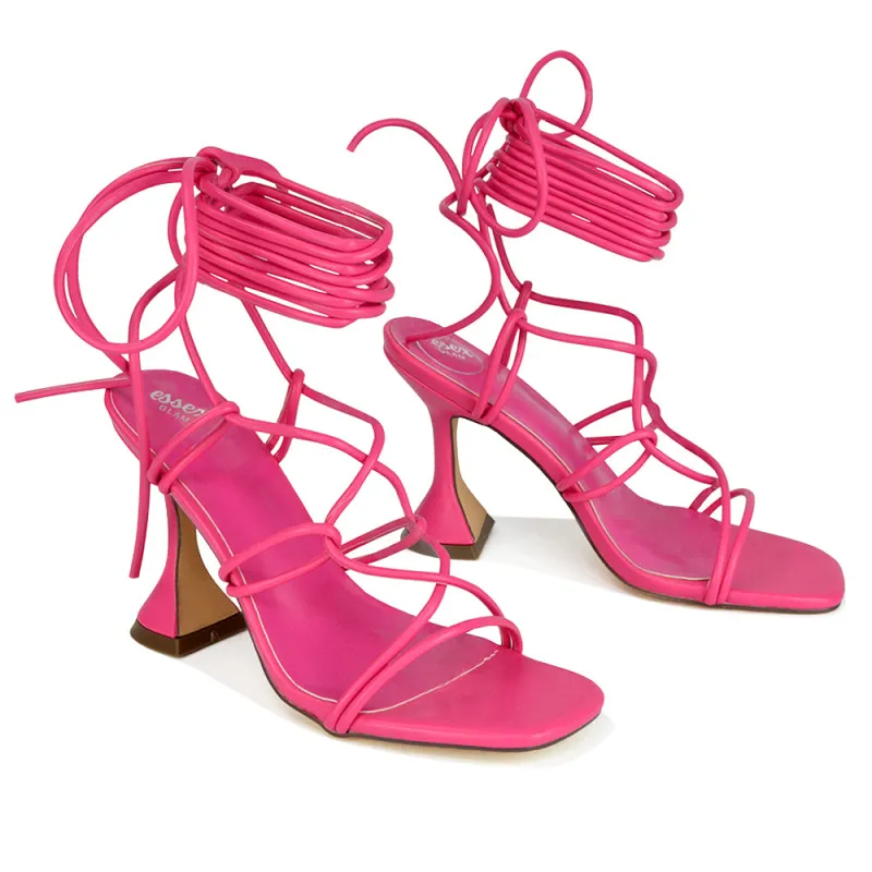 Briar Lace up Square Toe Sculptured Mid High Heels in Fuchsia Synthetic Leather sold by XYlondon