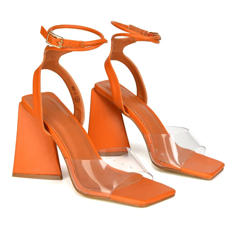 Dahlia Lace Up Ankle Strappy Perspex Square Toe Chunky Block High Heels in Orange sold by XYlondon
