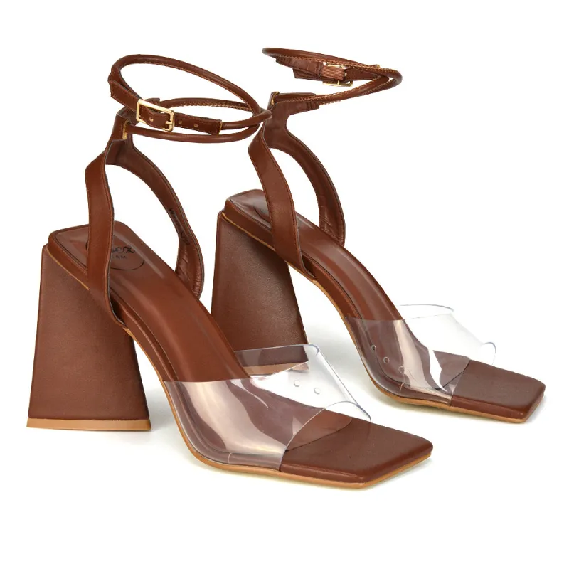 Dahlia Lace Up Ankle Strappy Perspex Square Toe Chunky Block High Heels in Brown sold by XYlondon