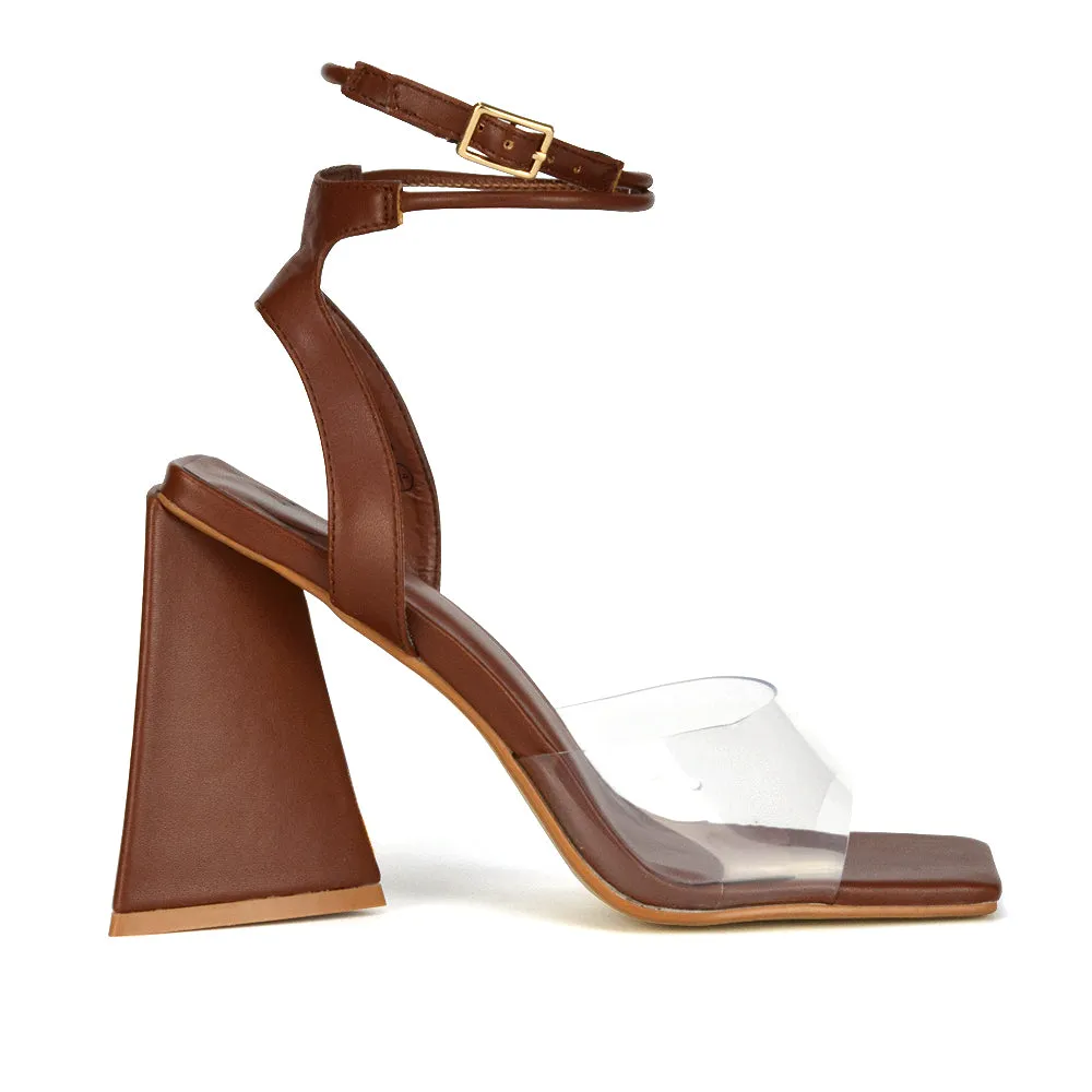 Dahlia Lace Up Ankle Strappy Perspex Square Toe Chunky Block High Heels in Brown sold by XYlondon product image thumbnail 2