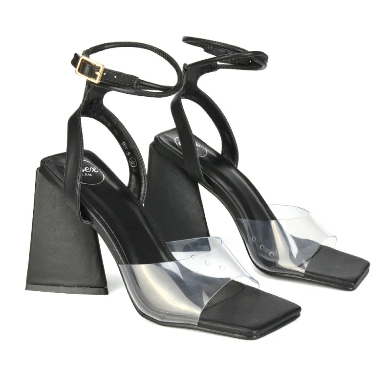 Dahlia Lace Up Ankle Strappy Perspex Square Toe Chunky Block High Heels in Black sold by XYlondon