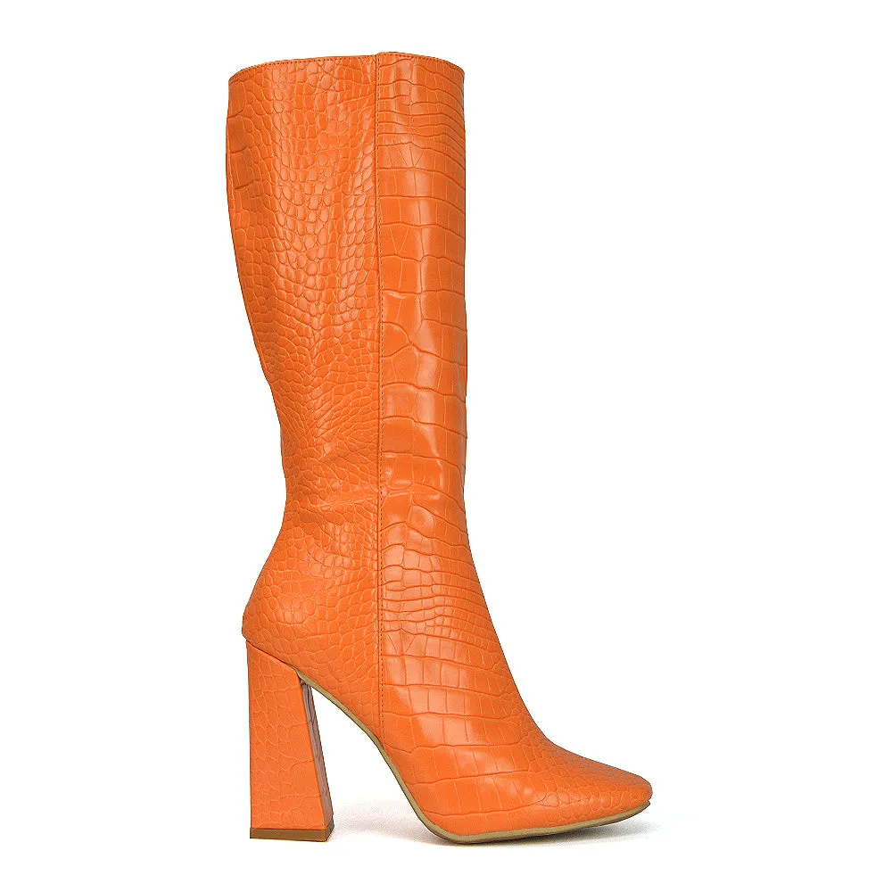 Mina Croc Print Pointed Toe Knee High Mid-Calf Block Heeled Long Boots in Orange sold by XYlondon product image thumbnail 2