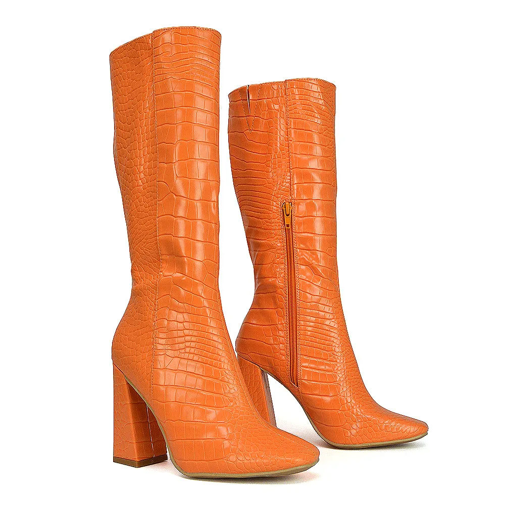 Mina Croc Print Pointed Toe Knee High Mid-Calf Block Heeled Long Boots in Orange sold by XYlondon product image thumbnail 3